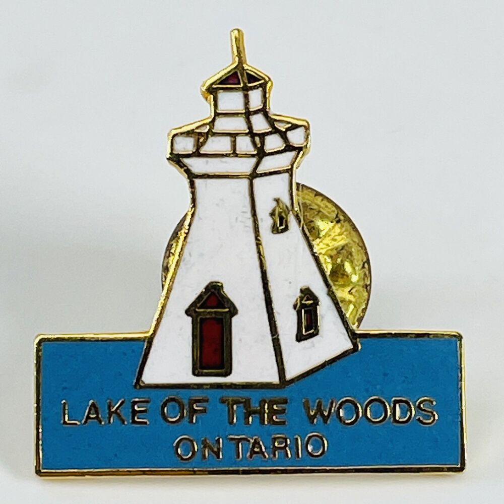 Vintage Lake of the Woods Ontario Lighthouse Pinback Enamel Pin Souvenir Taiwan